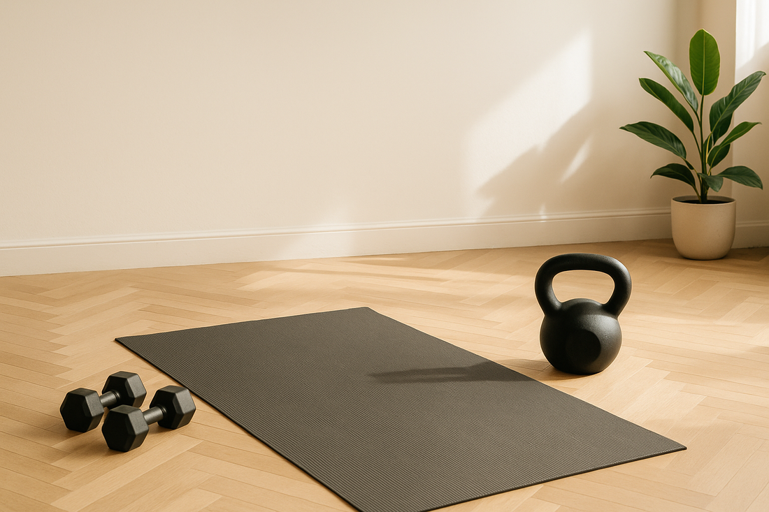 A minimalist home workout corner featuring a yoga mat, dumbbells, and resistance bands for building strength at home — Revivo Fitness.