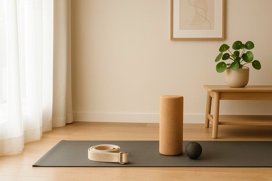 A bright minimalist home yoga corner with mat, strap, and foam roller under soft morning light — Revivo Fitness.