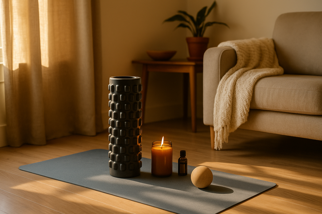 A calm home recovery setup with foam roller, massage balls, and yoga mat in warm natural light — Revivo Fitness wellness.