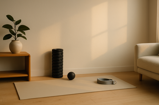 A minimalist home recovery space with yoga mat, foam roller, and massage ball under soft natural light — Revivo Fitness.