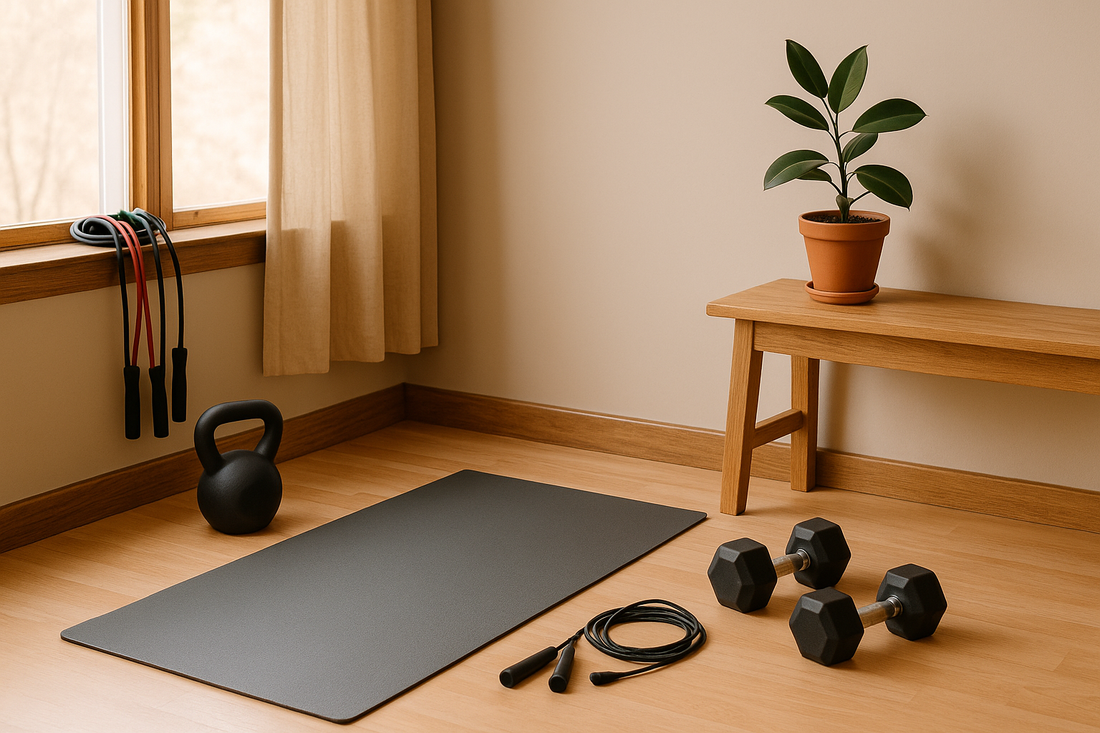 A minimalist home fitness corner with a yoga mat, dumbbells, and kettlebell in bright natural light — Revivo Fitness.