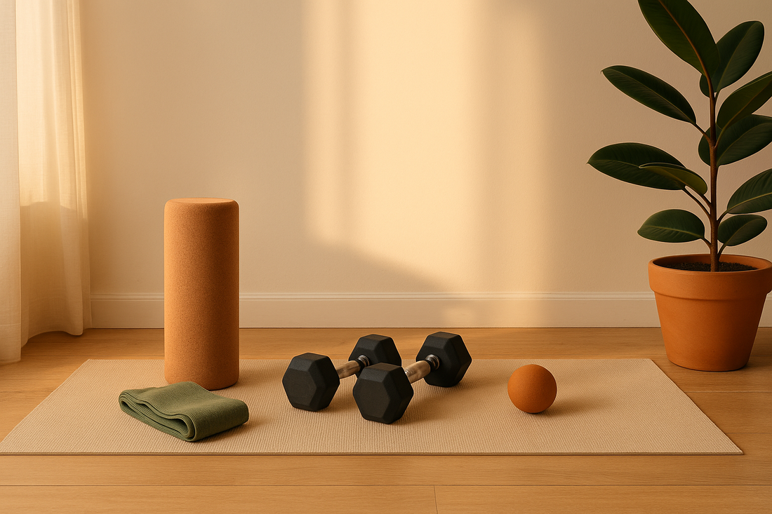 A warm minimalist home workout space with a yoga mat, foam roller, dumbbells, and recovery tools in soft natural light — Revivo Fitness.