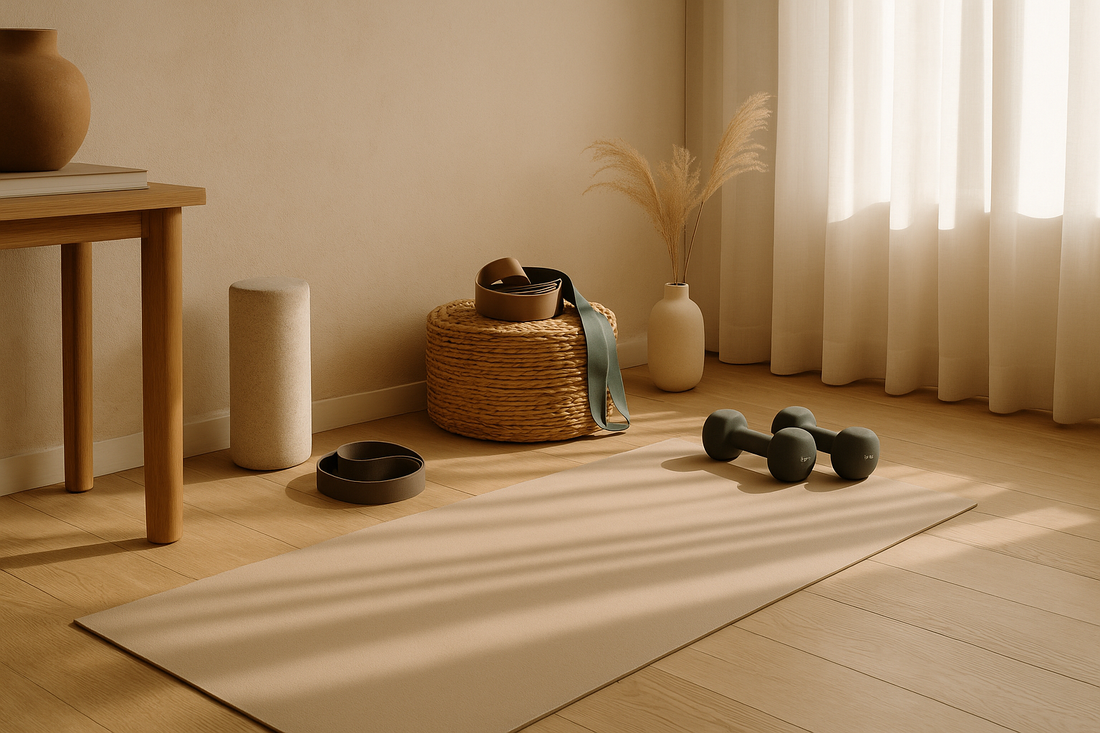A warm minimalist home workout corner with a yoga mat, dumbbells, and resistance bands in soft natural morning light — Revivo Fitness.