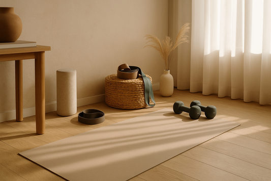 A warm minimalist home workout corner with a yoga mat, dumbbells, and resistance bands in soft natural morning light — Revivo Fitness.