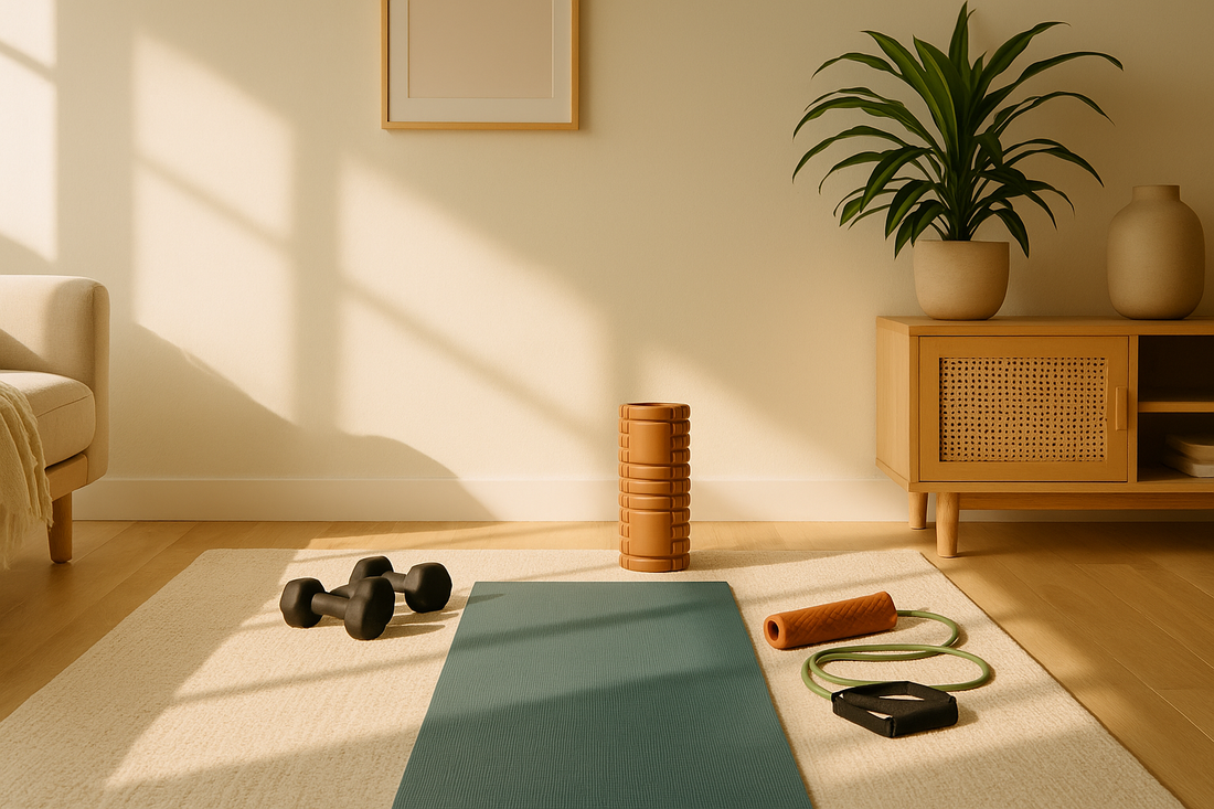 A bright minimalist home workout space with yoga mat, dumbbells, and recovery tools in soft morning light — Revivo Fitness.
