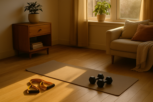 A bright morning home fitness setup with a yoga mat, dumbbells, resistance band, and natural sunlight in a cozy minimalist workout space — Revivo Fitness.