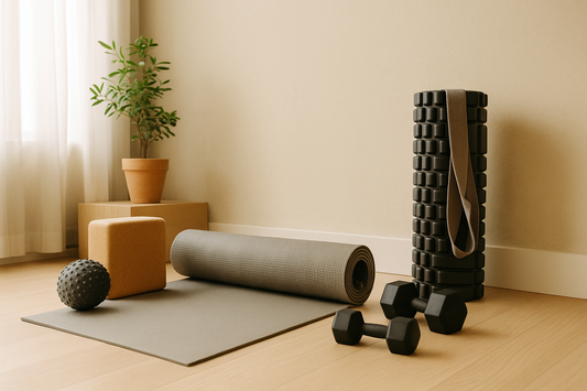 A warm minimalist home corner with yoga mat, dumbbells, foam roller, and massage ball in soft morning light — Revivo Fitness.