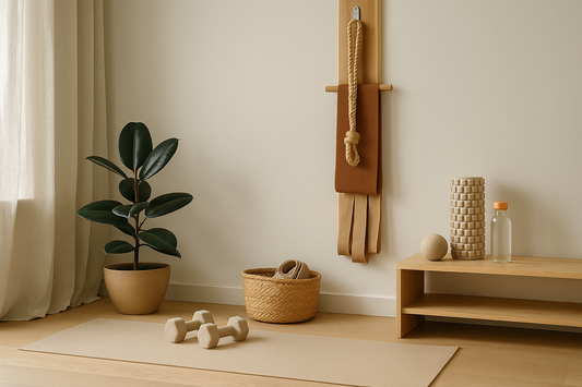 A bright minimalist home fitness corner with yoga mat, dumbbells, band, and foam roller in warm morning light — Revivo Fitness.