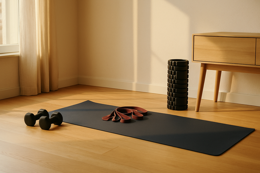 A bright home fitness and recovery corner with mat, dumbbells, resistance bands, and foam roller in warm natural light — Revivo Fitness.