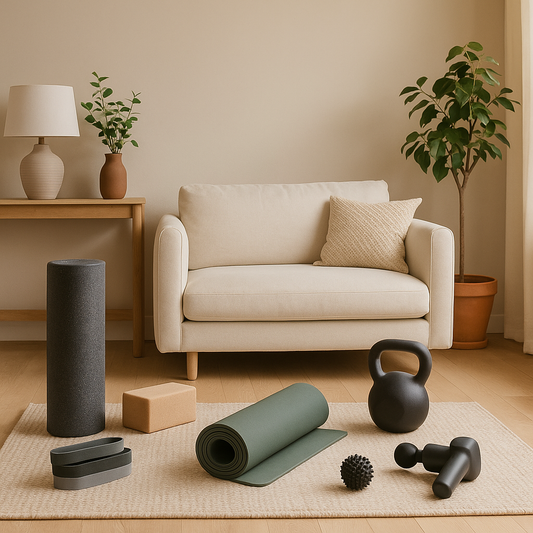 A minimalist home workout space with a yoga mat, dumbbells, and resistance bands arranged neatly in natural light for a sustainable fitness routine — Revivo Fitness.