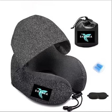 SKYANA Travel Pillow 100% Pure Memory Foam Neck Pillow, Comfortable & Breathable Cover, Machine Washable, Airplane Travel Kit with 3D Contoured Eye Masks, Earplugs, and Luxury .Dark Gray.