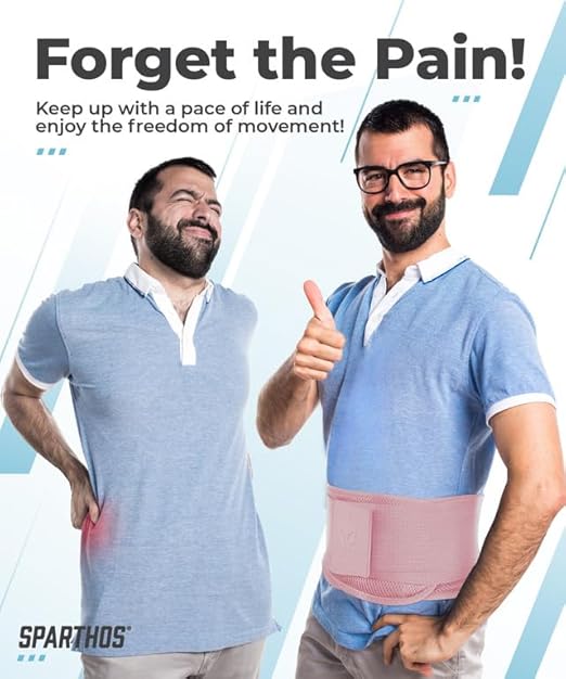 Sparthos Back Brace for Lower Back Pain - Immediate Relief from Sciatica, Herniated Disc - Lumbar Support Pad - For Home & Lifting At Work - For Men & Women - Fits 44–52″ Waist (Pink-L, Check Sizing)