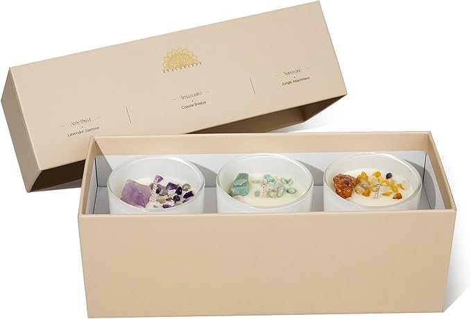 Healing Crystal Candles Gift Set for Women, 3 Pack Aromatherapy Soy Candles with Real Amethyst Amazonite Sunstone, Lavender Jasmine Coastal Breeze Scented Candles, Meditation Chakra Energy - 3.5oz