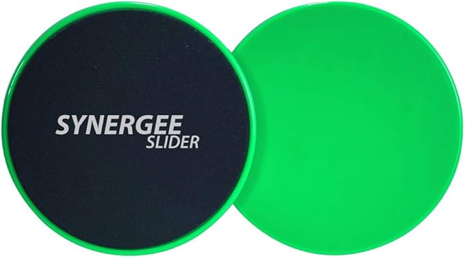 Synergee Core Sliders. Dual Sided Use on Carpet or Hardwood Floors. Abdominal Exercise Equipment