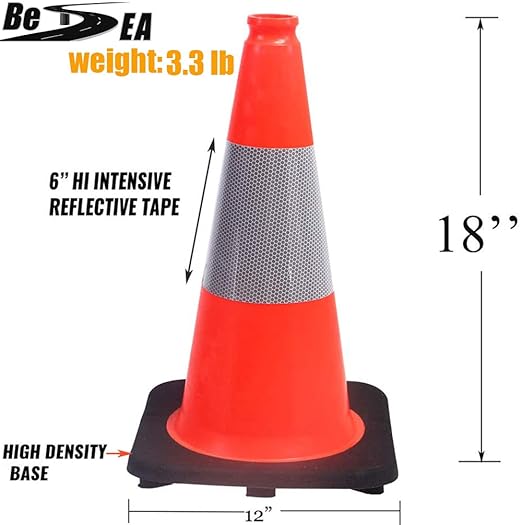 (8 Cones) BESEA 18" inch Traffic Cones Traffic Safety Cones Black Base Construction Road Parking Cone with 6" Highly Reflective Collar(8 Pack)