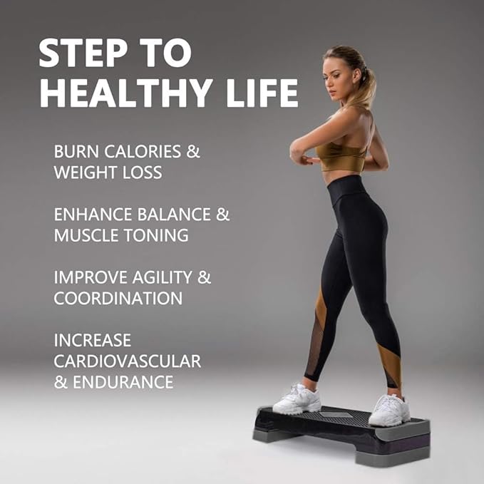 Adjustable Workout Aerobic Stepper, Aerobic Exercise Step Platform with 2 Risers, Exercise Step Deck for Fitness, 26.5" Trainer Stepper with Non-Slip Surface Home Gym & Extra Risers Options