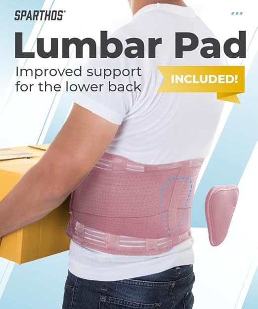 Sparthos Back Brace for Lower Back Pain - Immediate Relief from Sciatica, Herniated Disc - Lumbar Support Pad - For Home & Lifting At Work - For Men & Women - Fits 44–52″ Waist (Pink-L, Check Sizing)