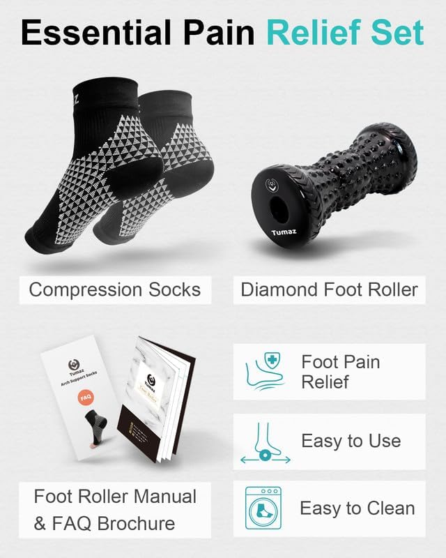 Tumaz Foot Compression Sleeves & Foot Roller Set for Women & Men - Plantar Fasciitis Compression Socks for Improving Blood Circulation, Foot Pain Relief, Edema (Black)