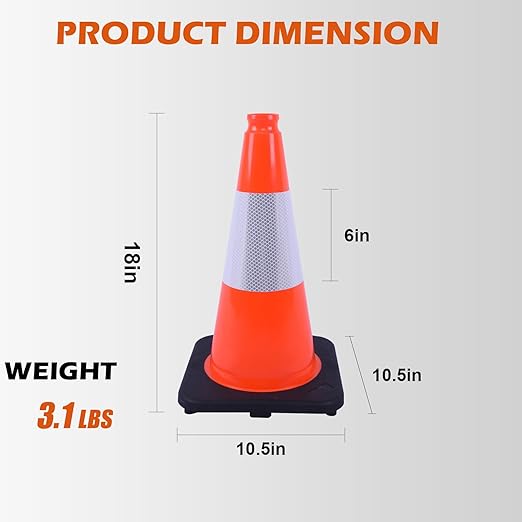 6 Pack 18" Orange PVC Traffic Safety Cones with Reflective Stripes, Black Base Road Cones for Parking Lots, Driveways, School Zones, and Event Crowd Control (Orange, 18 inch -6 Pack)