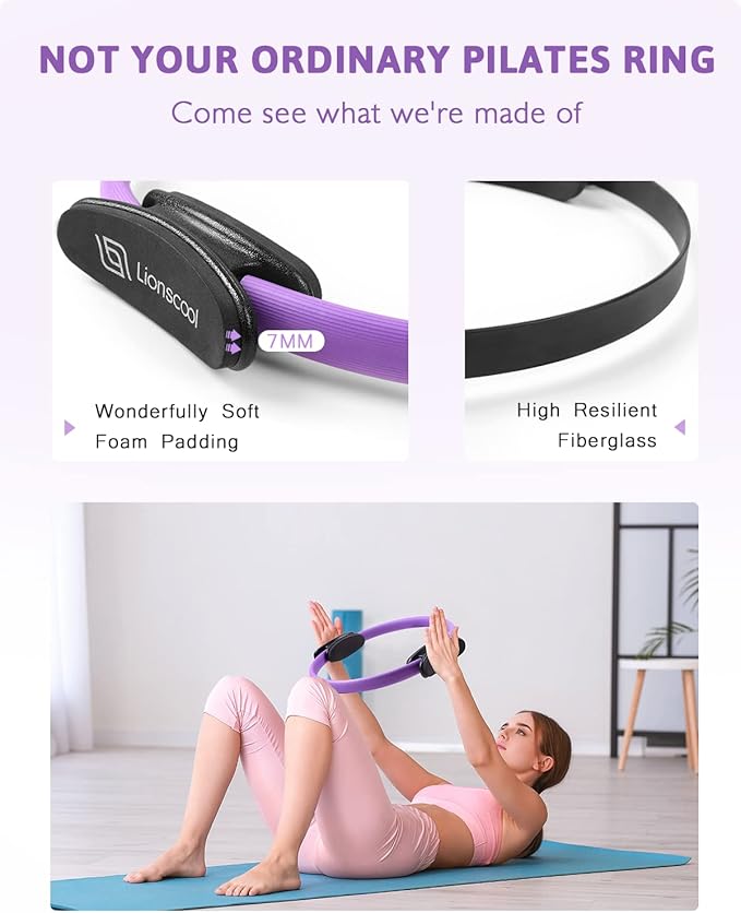 LIONSCOOL Pilates Ring Set – 14" Anti-Deformation Magic Circle with Padded Handles, Mini Ball, Resistance Bands, Guide & Bag