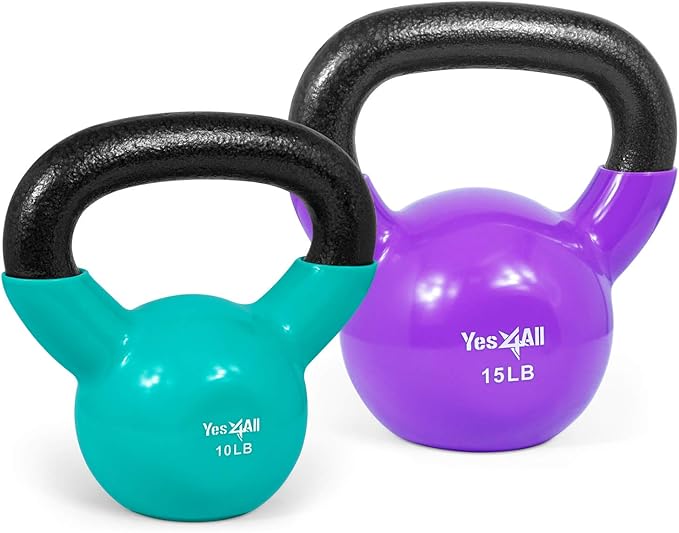 Yes4All Kettlebell, Vinyl Coated Kettlebell Cast Iron Sets with Stable Flat Bottom for Full Body Workout, Push up, Grip Strength Training & Weights Exercises