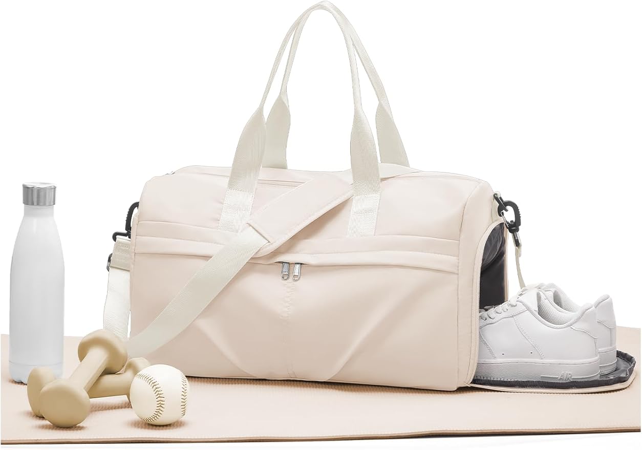 Gym Bag for Women Men with Shoe Compartment, Sport Duffel Bag, Waterproof Travel Weekender Overnight Carry on Bag for Yoga with Trolley Sleeve, Beige