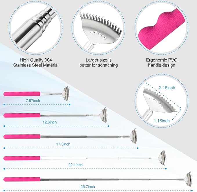 3 Pack Different Back Scratcher Metal Portable Telescoping Back scratchers with Rubber Handles, Extendable Back Massager Tool, Great Stocking Stuffers for Men Women Kids Adults（Pink）