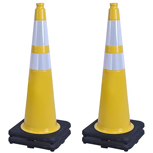 OrangeStar 4-Pack 36" Yellow Traffic Cones with Weighted Rubber Base, 2 Reflective Collars, Large Safety Cones for Parking Lot, Road Construction, Warehouse, Highway, Weatherproof PVC