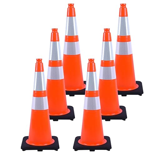 6 Pack 28" Orange PVC Road Traffic Cones with Reflective Bands, Heavy Duty Black Base Safety Cones for Construction Sites, Street Work, and Vehicle Guidance (Orange, 28 inch -6 Pack)