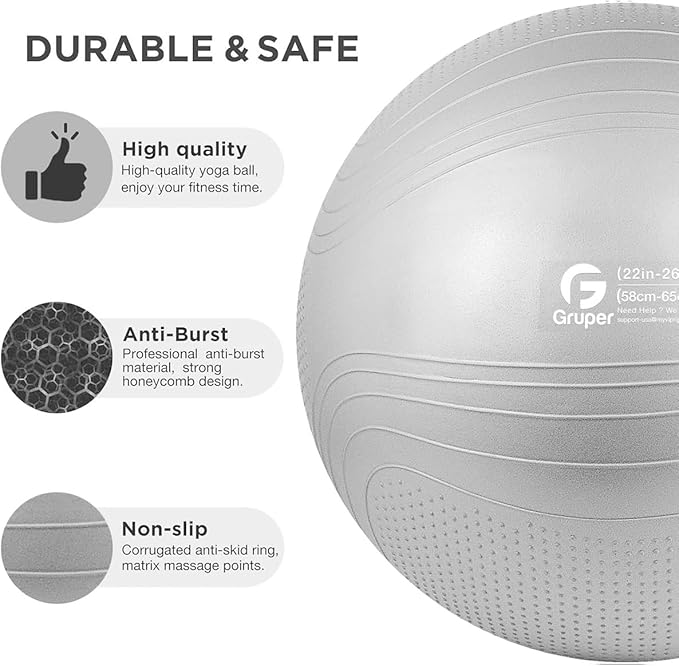 Gruper Yoga Ball, 18-30 Inch Extra Thick Exercise Ball for Workout Fitness Balance, Anti Burst Chair for Home and Office Desk, Includes Hand Pump & Workout Guide Access