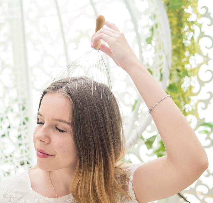 USAGA 28 Finger Head Scratcher, Head Massager, Scalp Massager, Stocking Stuffers Gift for Scalp Body Relaxing Wood Handle (1 Pack)