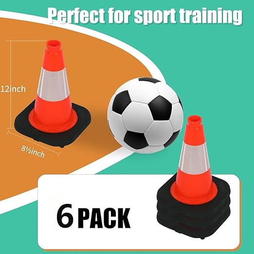 BESEA 12 Inch Traffic Cones, Safety Cones with 4" Reflective Collar, Lightweight & Durable PVC Road Cones for Parking, Sports Training, Construction, Driveway (6 Pack)