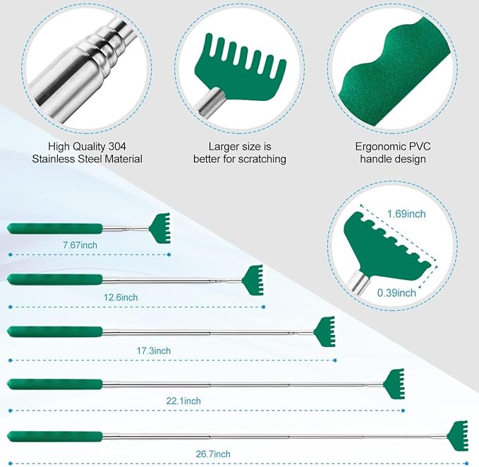 3 Pack Different Back Scratcher Metal Portable Telescoping Back scratchers with Rubber Handles, Extendable Back Massager Tool with Beautiful Box Great Stocking Stuffers（Green）