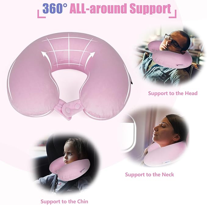 SAIREIDER Travel Neck Pillow 100% Memory Foam, Airplane Rest Prevents Head from Falling Forward, Plane Accessories with Storage Bag, Sleep Mask and Earplugs (Pink)