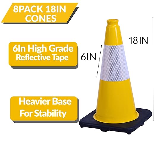 BESEA 8Pack 18 Inch Yellow Traffic Cones with 6 Inch Reflective Collar, Heavy Duty PVC Safety Cones with 10.5 x 10.5 Inch Base for Parking, Driving Practice, Sports Training, and Construction