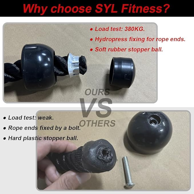 Tricep Rope 27 & 36 inches 2 Colors Fitness Attachment Cable Machine Pulldown Heavy Duty Coated Nylon Rope with Solid Rubber Ends