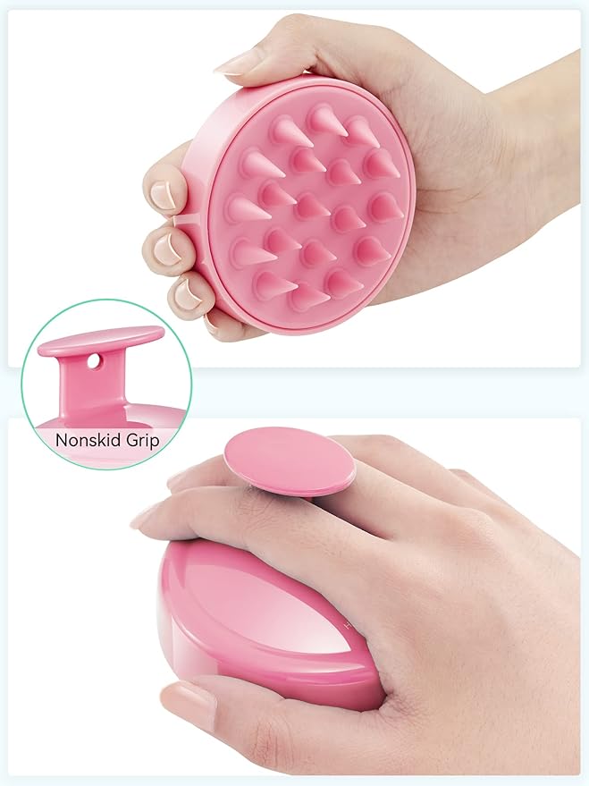 HEETA Scalp Massager Hair Growth, Soft Silicone Scalp Scrubber Shampoo Brush for Exfoliation, Dandruff Removal Head Massage Stress Relax, Wet & Dry Use for Thick Thin Curly Hair Care, Cherry Pink