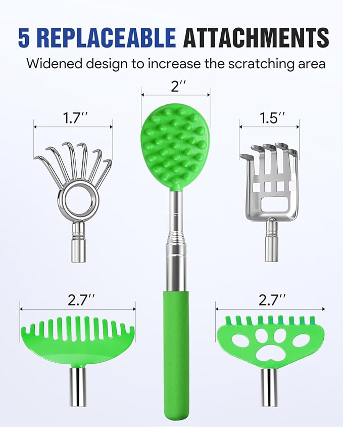 Gelibo Telescoping Back Scratcher with 5Pcs Detachable Heads,Fathers Day Dad Gifts from Wife Daughter Son,Mens Gifts,Husband, Extendable Back Massager Tool with Beautiful Box - Green