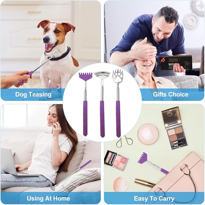 3 Pack Different Back Scratcher Metal Portable Telescoping Back scratchers with Rubber Handles, Extendable Back Massager Tool with Beautiful Box Stocking Stuffers for Men Women（Purple）