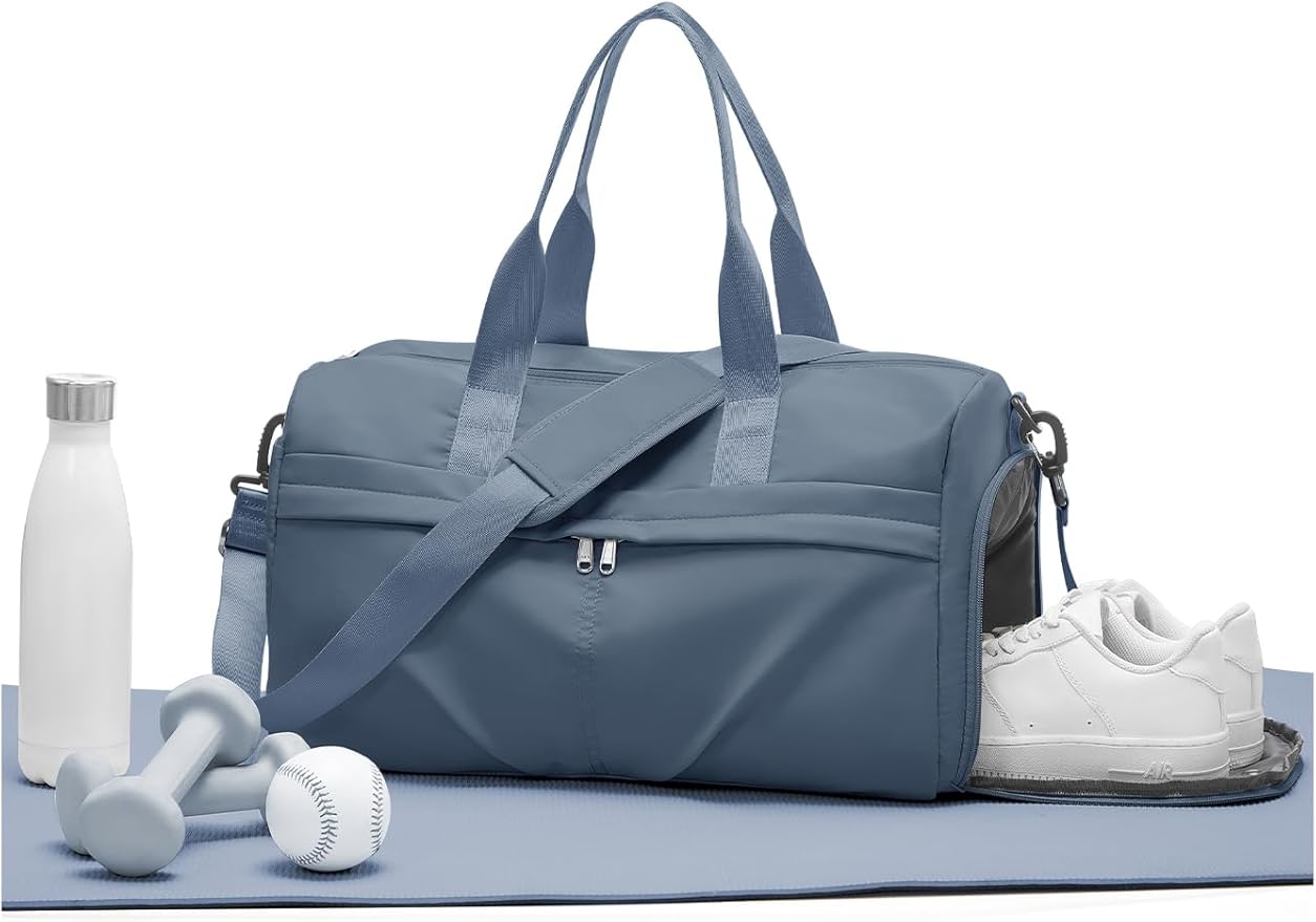 Gym Bag for Women Men with Shoe Compartment, Sport Duffel Bag, Waterproof Travel Weekender Overnight Carry on Bag for Yoga with Trolley Sleeve, Jewel Blue