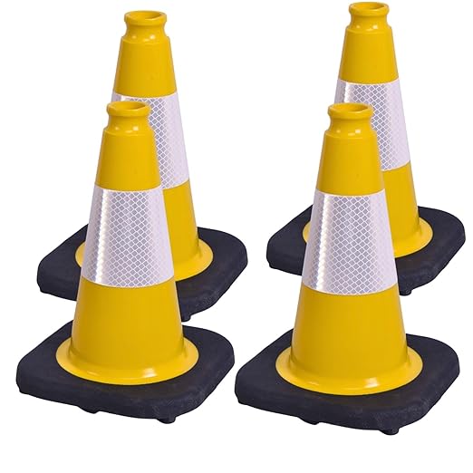 BESEA 4Pack 12 Inch Yellow Traffic Cones with 4 Inch Reflective Collar, Heavy Duty PVC Safety Cones with 8.5 x 8.5 Inch Base for Parking, Driving Practice, Sports Training, and Construction