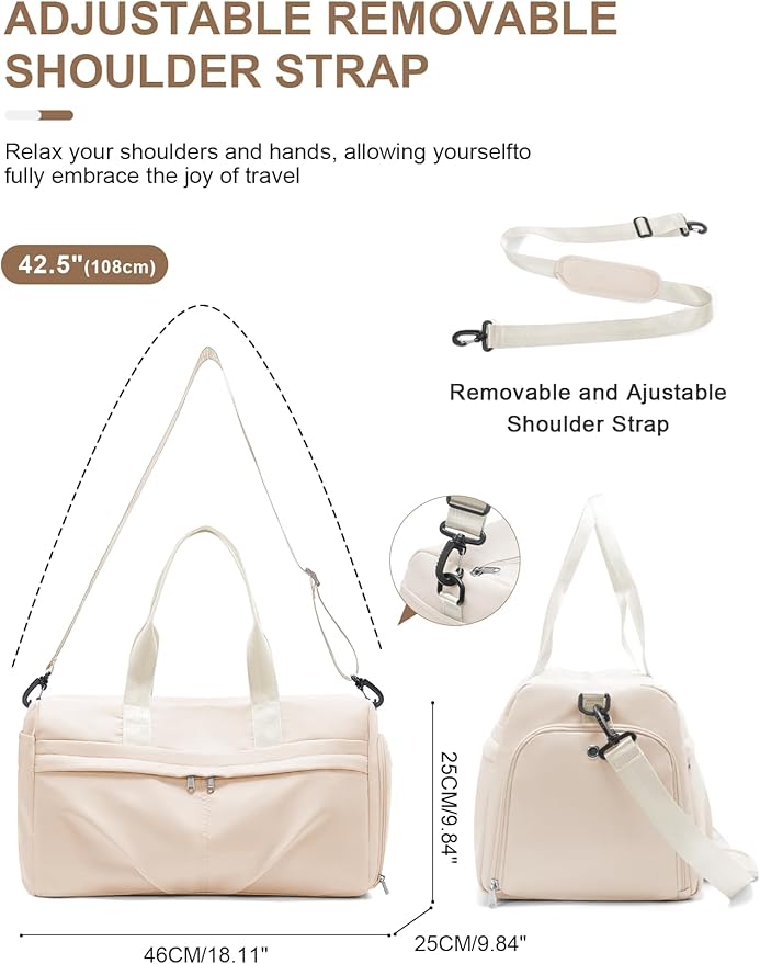 Gym Bag for Women Men with Shoe Compartment, Sport Duffel Bag, Waterproof Travel Weekender Overnight Carry on Bag for Yoga with Trolley Sleeve, Beige