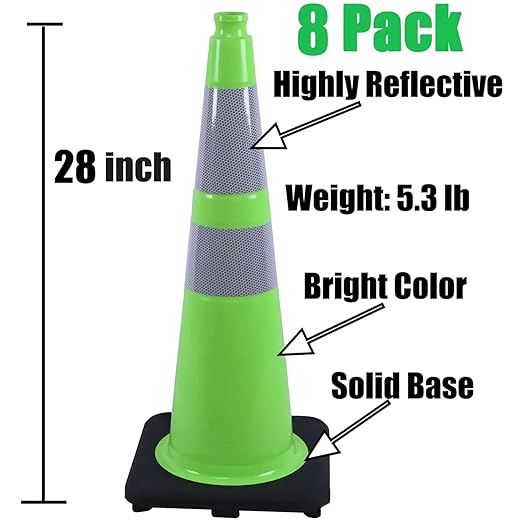 BESEA 8Pack 28" inch Traffic Cones Green Safety Cones with 6 inch Reflective Collar for Construction Driveway Road Parking Use(8 PCS)