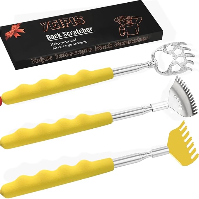 3 Pack Different Back Scratcher, Extendable Manual Back Massager Tool Metal Portable Telescoping Back scratchers with Beautiful Box Gifts for Men Women Kids Adults（Yellow）
