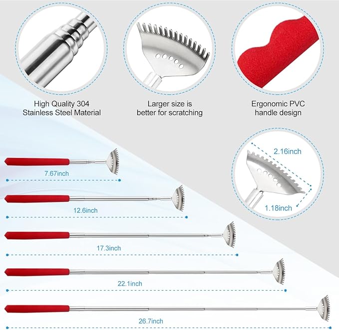 3 Pack Different Back Scratcher Metal Portable Telescoping Back scratchers with Rubber Handles, Extendable Back Massager Tool with Box, Stocking Stuffers for Men Women Kids Adults（Red）