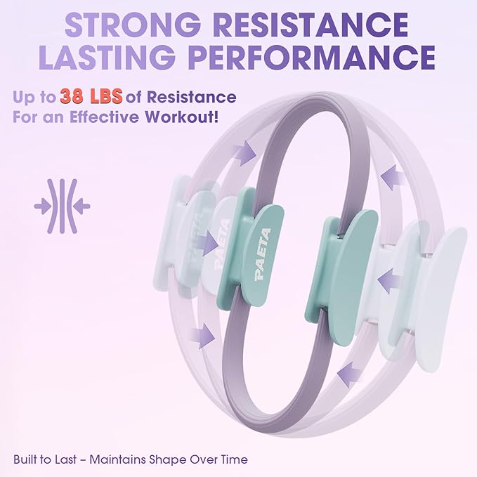 PAETA Pilates Ring Set – 14” Magic Circle (38 lbs Resistance), 9.8” Pilates Ball, 5 Resistance Bands, and Exercise Guide Included for Home Workouts