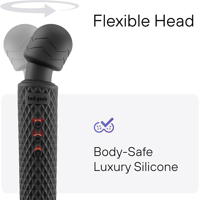 bed geek Handheld Cordless Personal Wand Massager – Waterproof, USB Rechargeable, 20 Vibration Patterns, 8 Speeds, Memory Feature, Skin-Soft Silicone for Ultimate Relaxation Tool (Black)