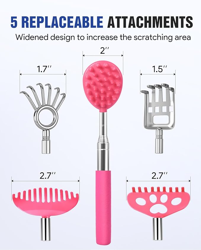 Gelibo Telescoping Back Scratcher with 5Pcs Detachable Heads,Fathers Day Dad Gifts from Wife Daughter Son,Mens Gifts,Husband, Extendable Back Massager Tool with Beautiful Box - Pink
