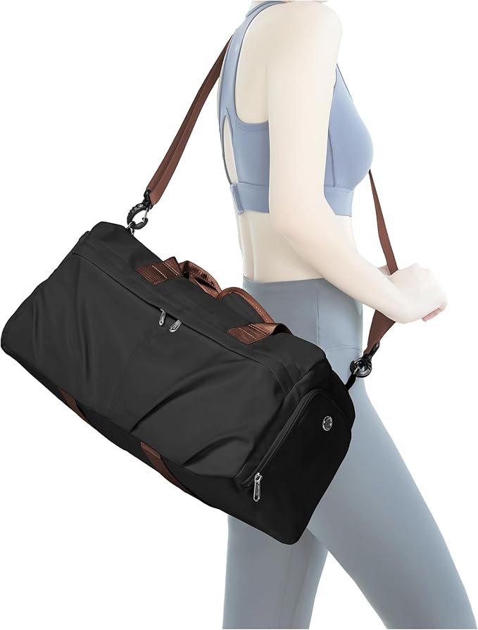 Gym Bag for Women Men with Shoe Compartment, Sport Duffel Bag, Waterproof Travel Weekender Overnight Carry on Bag for Yoga with Trolley Sleeve, Black Brown