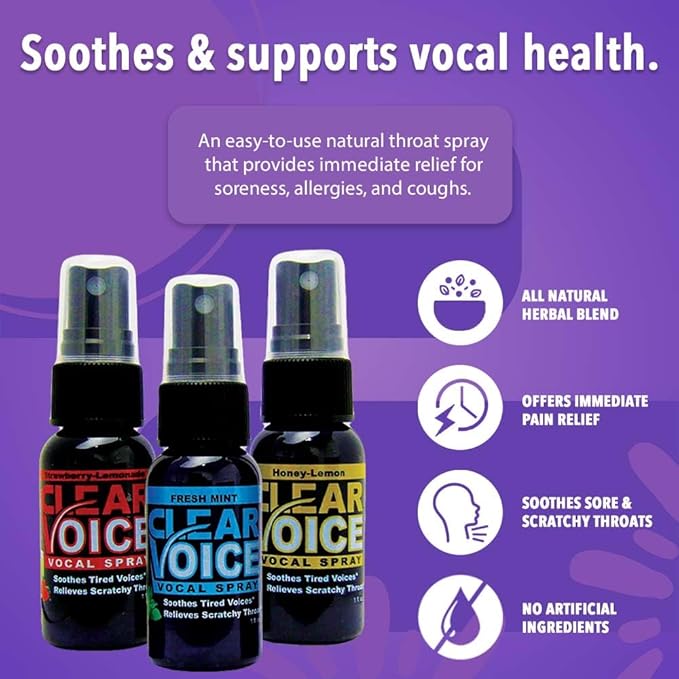 Clear Voice Oral Throat Spray Moisturizer Relief Vocal Booster Treatment Secret - Made in USA - Honey Lemon Flavor, Fresh Mint and Strawberry Lemonade - 1 Fl Oz, 3 Pack
